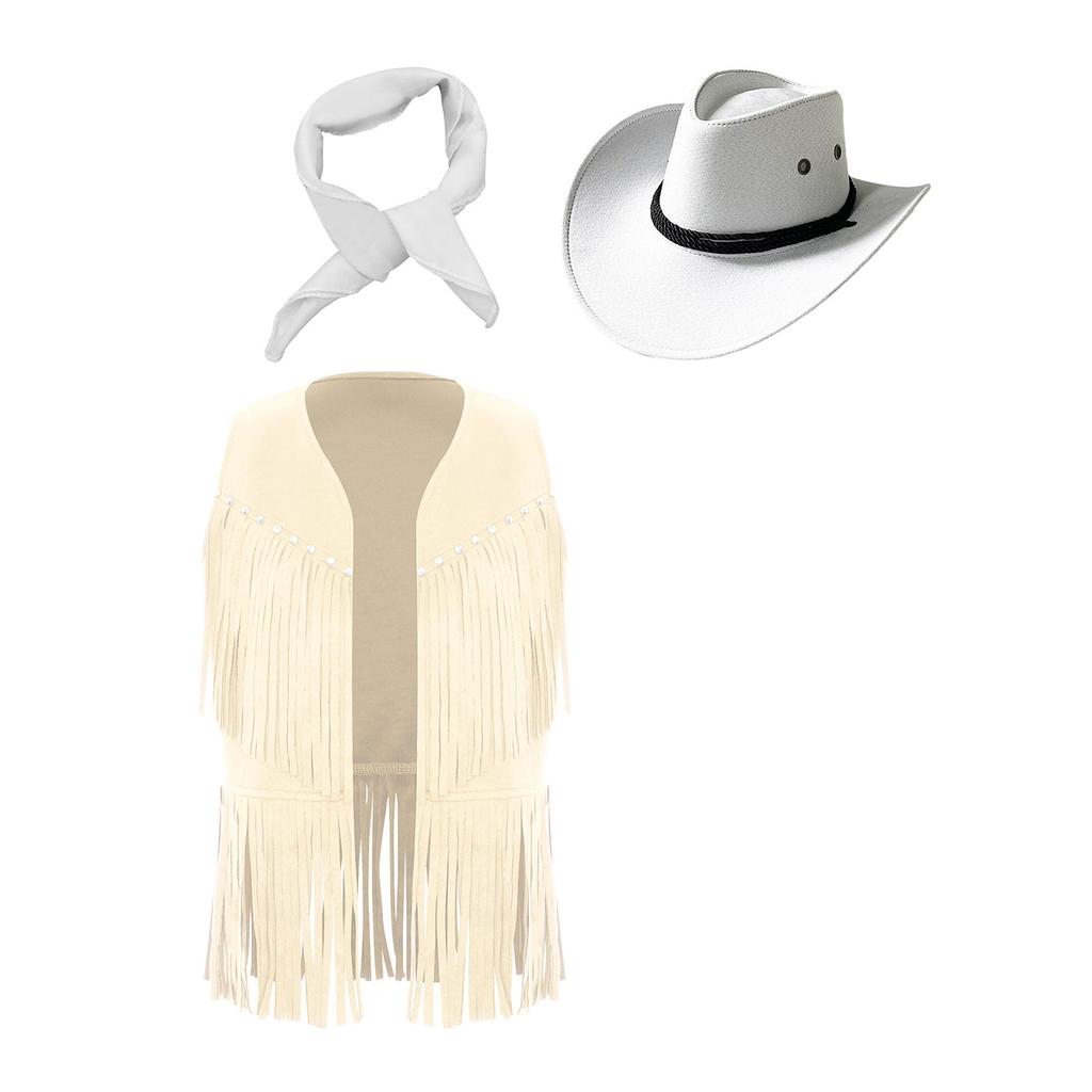 Детский костюм ковбойши унисекс, открытый жилет, нагрудные заклепки, кисточки, бахрома по низу, жилет, фетровая ковбойская шляпа, квадратный платок, набор