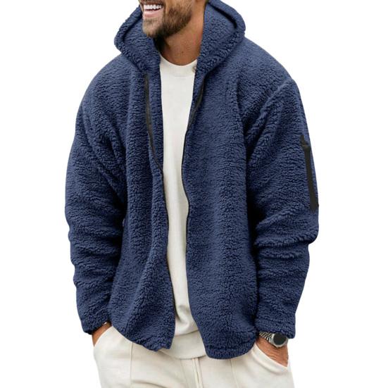 Men Fall Winter Coat Thick Plush Hooded Long Sleeve Zipper Closure Loose Cardigan Warm Cold Resistant Solid Color Soft Pockets Mid Length Men Jacket