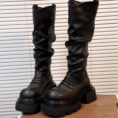 Корейские товары толстоподошвенные с V-образным вырезом складки высокие сапоги женщины выглядят стройными, но ботфорты до колена увеличивают рост на 7 см, ботинки рыцаря с большой головой