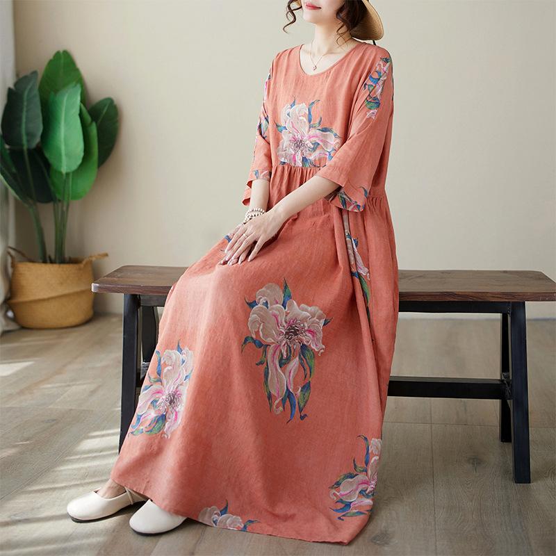 Летние тонкие хлопковые льняные платья с круглым вырезом и короткими рукавами, простое платье средней длины для женщин