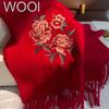 Luxury Embroidery 100% Wool Scarf Women Solid Floral Cashmere Handkerchief Warm Pashmina Female Shawl Pareo Soft Bufanda
