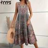 Women's Fashion Summer Spring Flower Pattern Print Sleeveless O-Neck Loose Waistline Casual Dresses