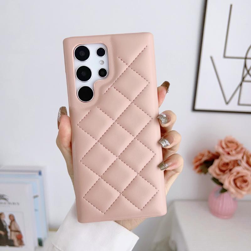 Luxury Solid Color Leather Rhombus Up and Down No Bordered Phone Case For Samsung S25 Ultra S23 S24 Ultra Plus Bumper Back Cover