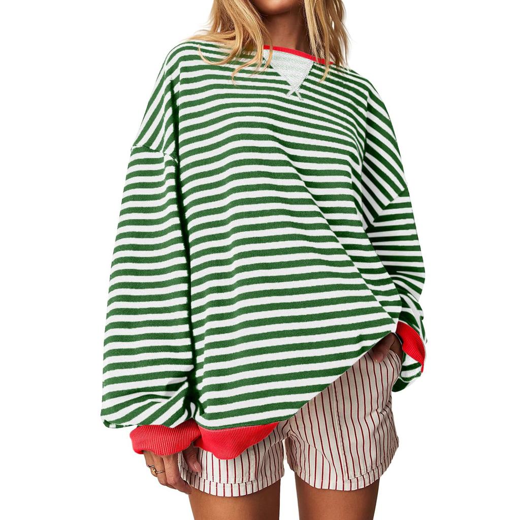 Women's Oversized Striped Color Blocking Long Sleeved Round Neck Sports Shirt Casual Loose Fitting Pullover Shirt Top