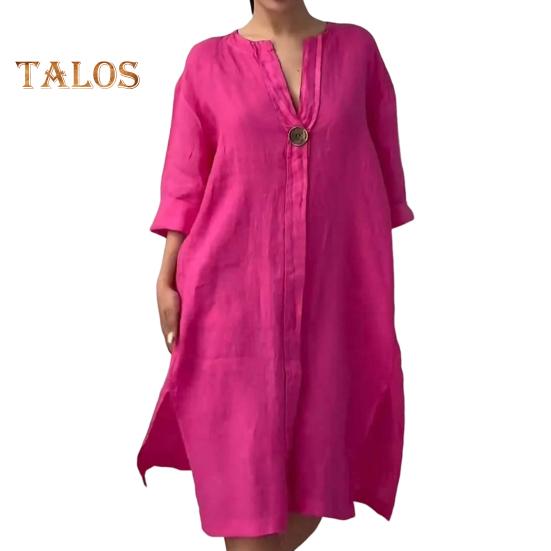 Женское осенне-летнее платье Свободное платье с V-образным вырезом и рукавами три четверти Трапециевидной формы Сплошной цвет с разрезом на пуговицах Декор Повседневная повседневная одежда Платье миди