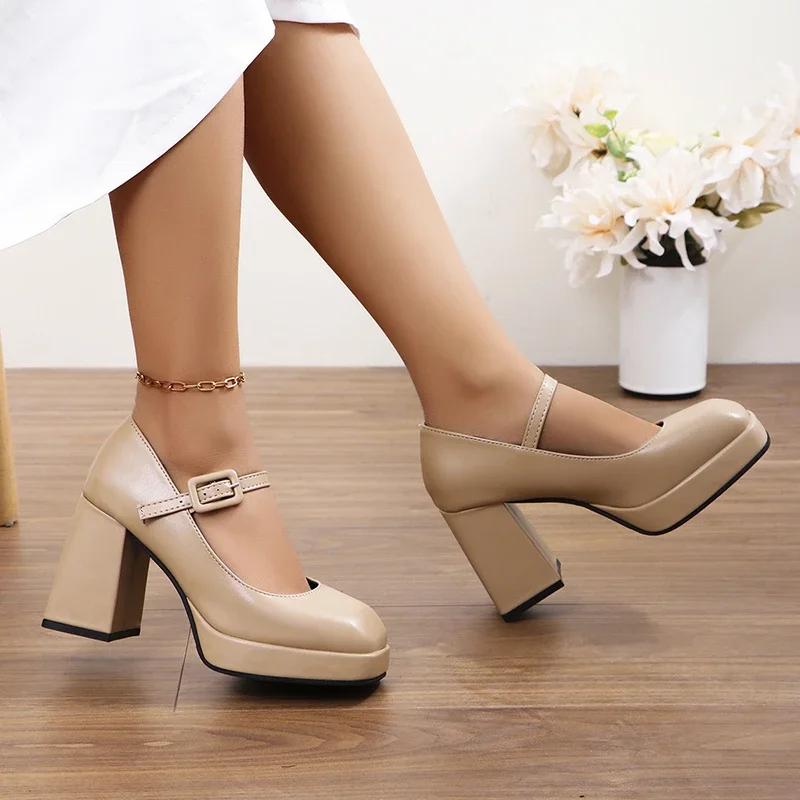 Женские туфли на высоком каблуке с пряжкой из искусственной кожи с толстой подошвой, повседневные офисные туфли с квадратным носком, женские туфли-лодочки большого размера