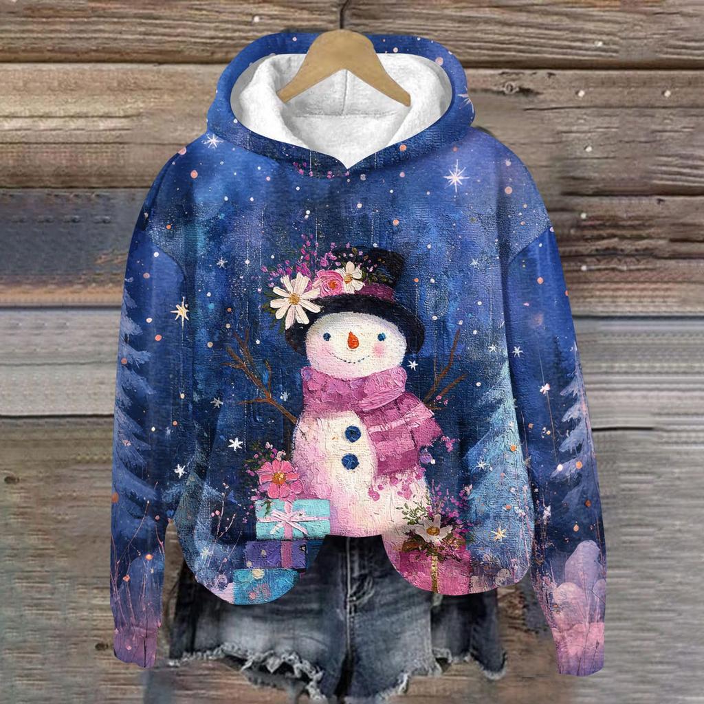 Women's Fashion Long Sleeve Christmas Print Loose Hooded Sweatshirt Top
