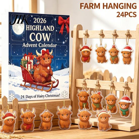 Christmas Tree Decorations Highland Cow Advent Calendar with 24 Acrylic Ornaments, Festive Countdown Party Supplies Box for Holiday Hanging Decor And