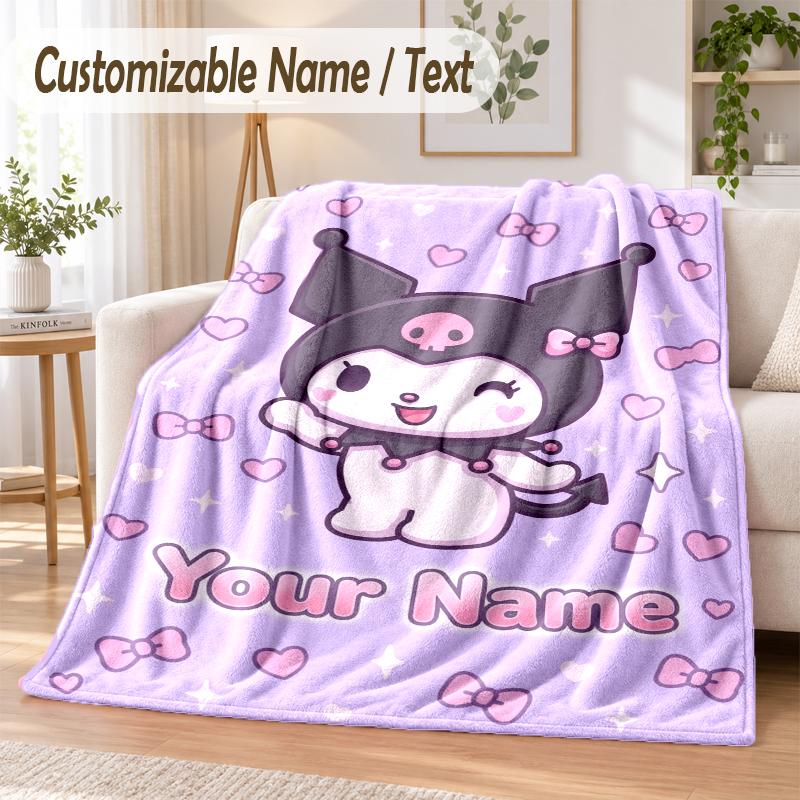 Kuromi Custom Name Flannel Throw Blanket Soft Warm for Sofa Bed Indoor Home Use