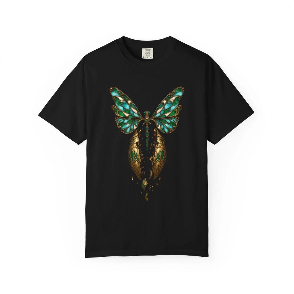 Brass Chrysalis Art Nouveau Dragonfly T-Shirt Black Front Print
