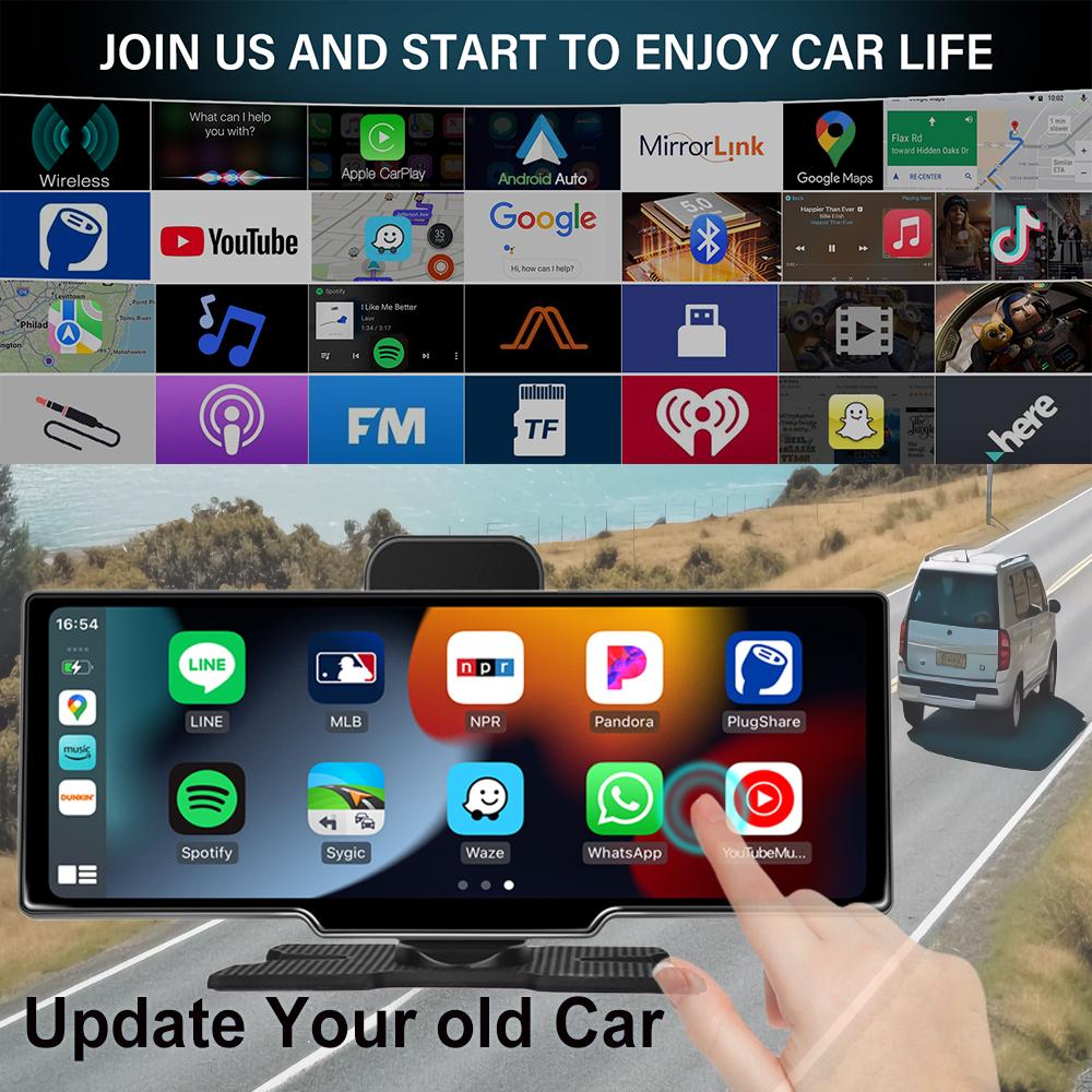 10,26-дюймовый видеорегистратор DVR Car Carplay android auto беспроводной видеорегистратор с двумя объективами BT FM AUX 64G OBD мониторинг парковки