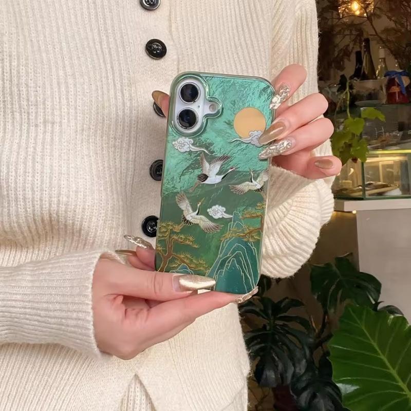 Благоприятный INS Зеленая Гора Китайский Стиль Журавль Кисточка Подвеска Чехол для Телефона для iPhone 17 16 15 14 13 Pro Max Задняя Крышка Телефона