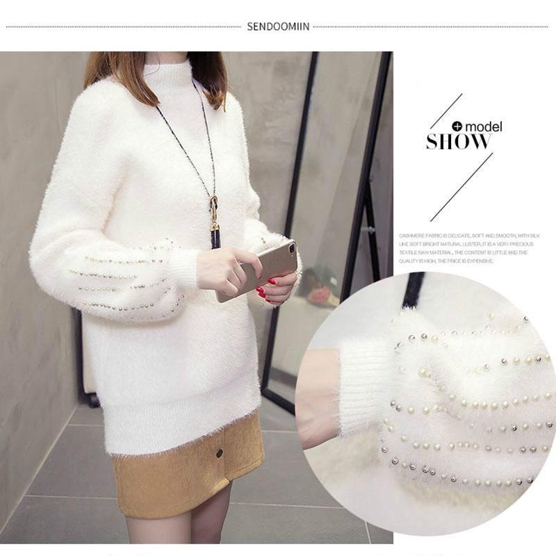 Нечеткий свитер для женщин, бархатный свитер из искусственной норки, женский пуловер с бисером, нижняя рубашка, корейские свитера из мохера с высоким воротом и длинными рукавами