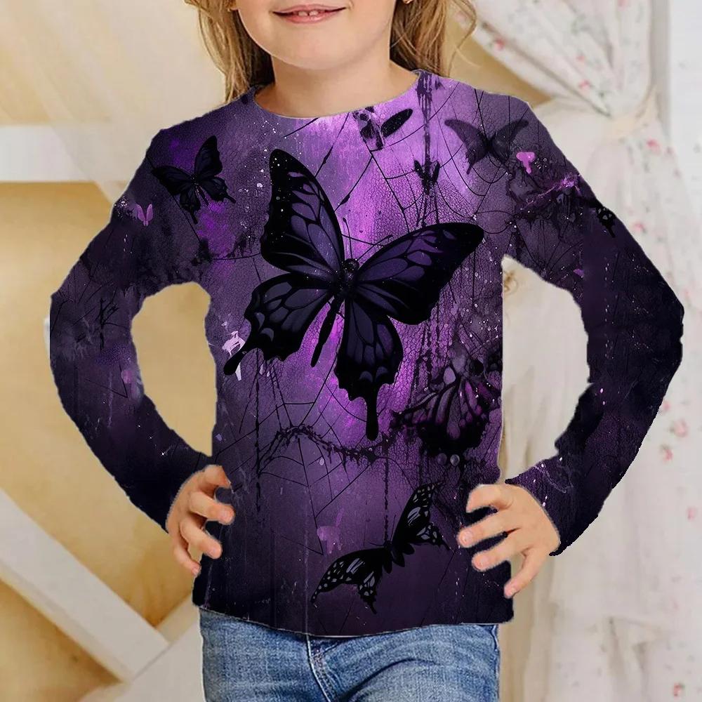 Children's Colorful Butterfly 3D Digital Printed Girl's Casual and Comfortable Round Neck Long Sleeve T-shirt