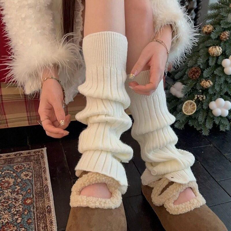 Button Split Calf Socks White Socks Women'S Autumn And Winter Knitted Leg Warmers Stacking Socks With Boots Look Thin