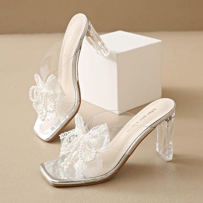 Мода Лето 2025 Элегантные женские босоножки с жемчужным бантом, на толстом высоком каблуке, хрустальные шлепанцы, женские туфли-гладиаторы с квадратным носком, кружевом и бусинами