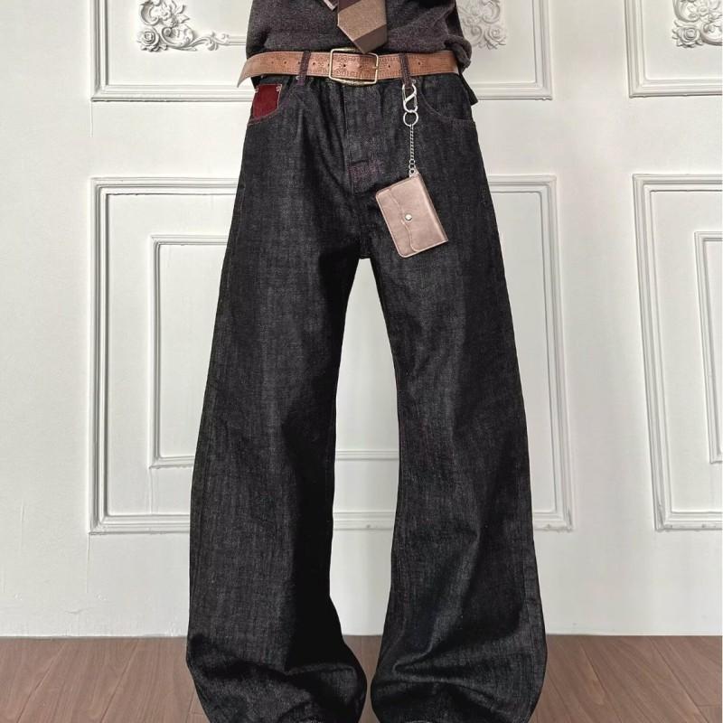 Mens Relaxed Fit Straight Leg Denim Pants Black Vintage Washed Cotton Blend Casual Trousers