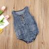 Toddler Summer Playsuits, Baby Denim Blue O-Neck Sleeveless Button Open Rompers for Girls, Boys, 0-12 Months