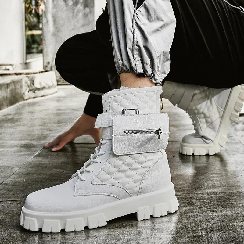 Высокие уличные карманные мужские модные туфли на платформе осенне-зимние повседневные мужские ботильоны белые кожаные дизайнерские ботинки для мужчин