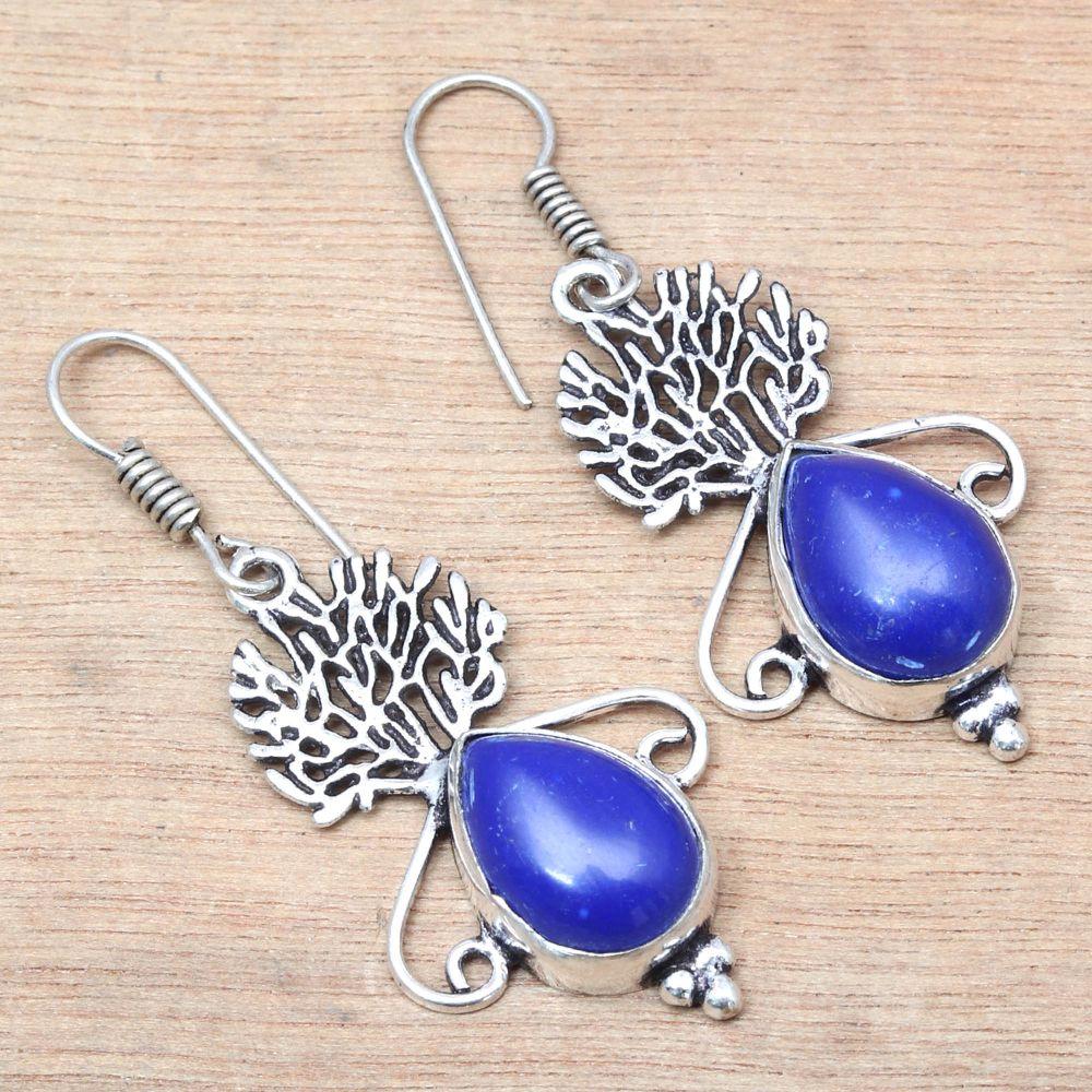 Синий халцедон драгоценный камень ручной работы подарок для нее серебряные ювелирные серьги 1,5''