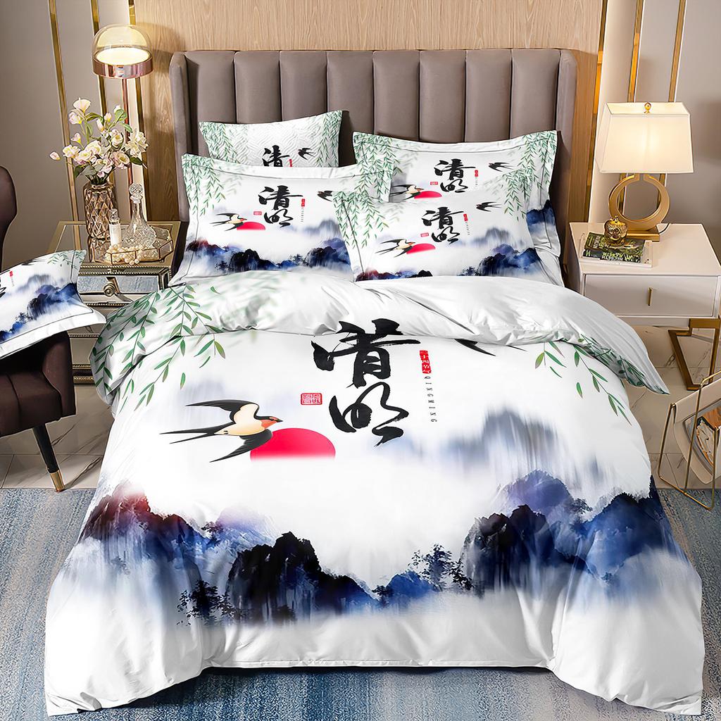 3D Three-Piece Ukiyo-E Painting Wave Flower Quilt Cover Digital Printing Bedding
