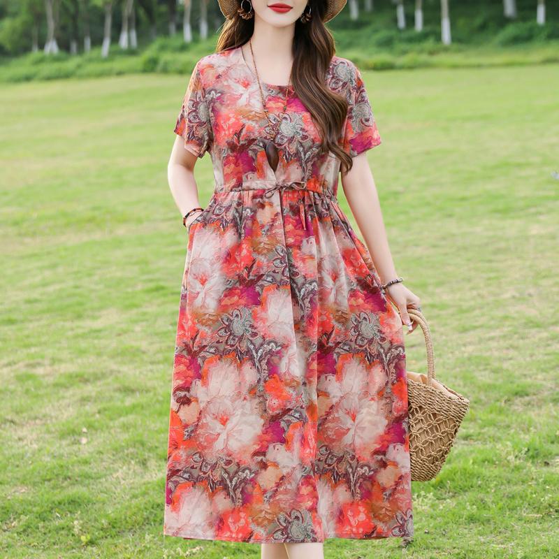 Женское длинное платье больших размеров, летнее платье с коротким рукавом и винтажным принтом для женщин