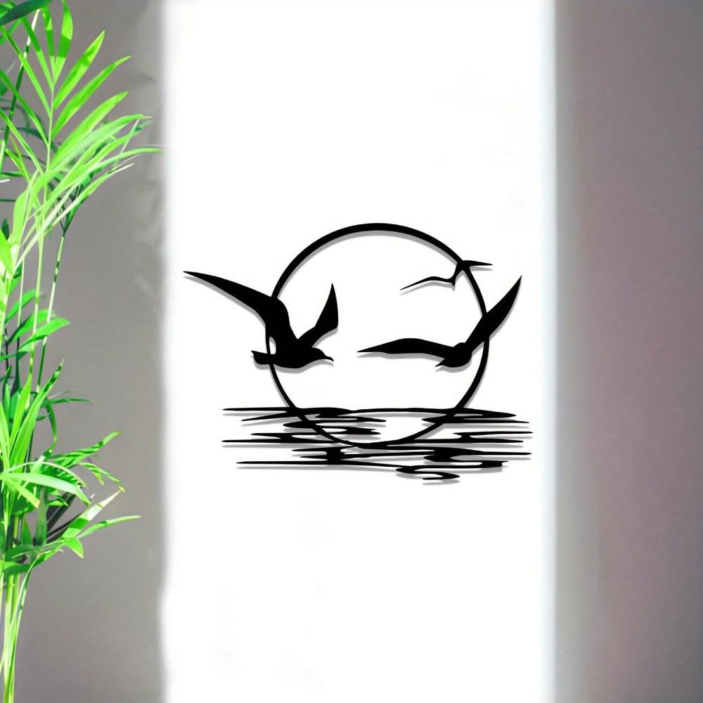 2D Flat Iron Sunrise And Seagulls Metal Wall Art. It Features A Circular Silhouette Design, Suiting Living Rooms, Bedrooms, Dining Areas, And Offices.