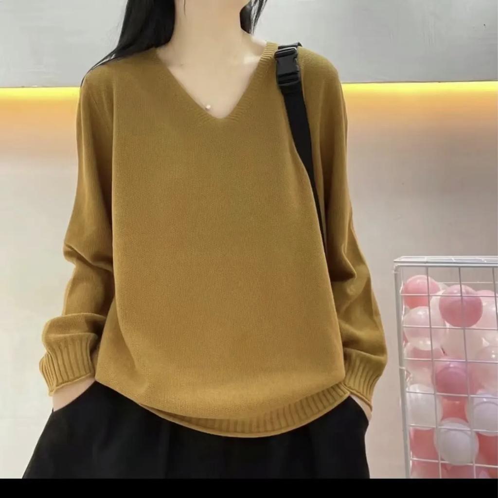 Свитер с V-образным вырезом Стильный базовый Новый Пуловер с длинным рукавом Свободный Универсальный однотонный топ для женщин