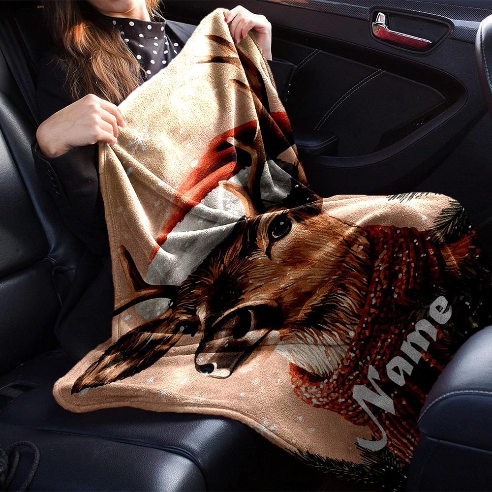 Custom Name Christmas reindeer Theme Printed Blanket - Perfect for Couch, Bed, Travel & Outdoor Use | Machine Washable, Cozy & Durable.
