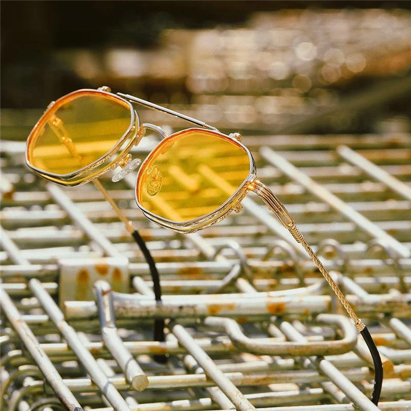 Vintage Steampunk Flip Pilot Sunglasses Retro Polygon Metal Sun Glasses For Men And Women Brand Designer Circle
