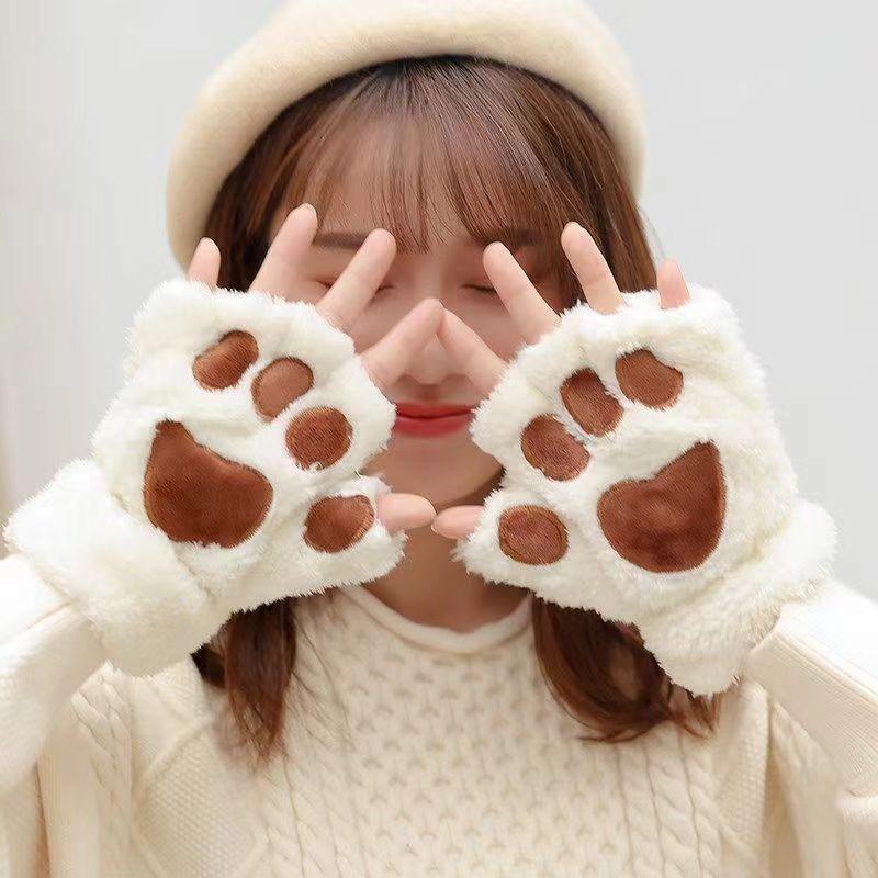 Autumn and Winter Cute Cat Claws Half Finger Plush Gloves Student Writing Plush Leak Finger Warm Half Finger Bear Paw Gloves