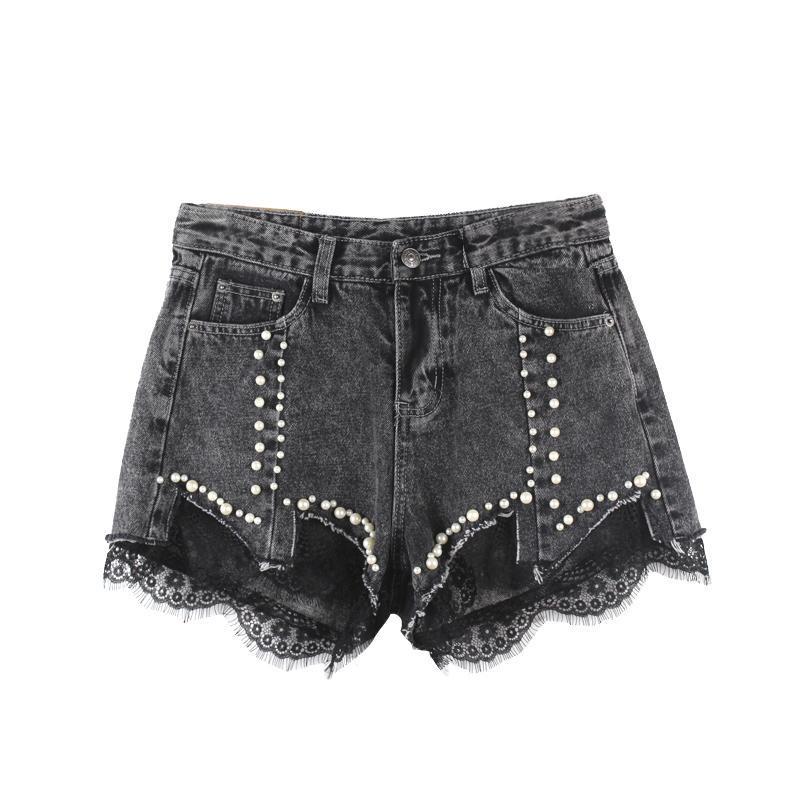 WTEMPO Джинсовые шорты, женские летние шорты с высокой талией, тонкие брюки с тонкими отверстиями, широкие брюки с кружевом из бисера