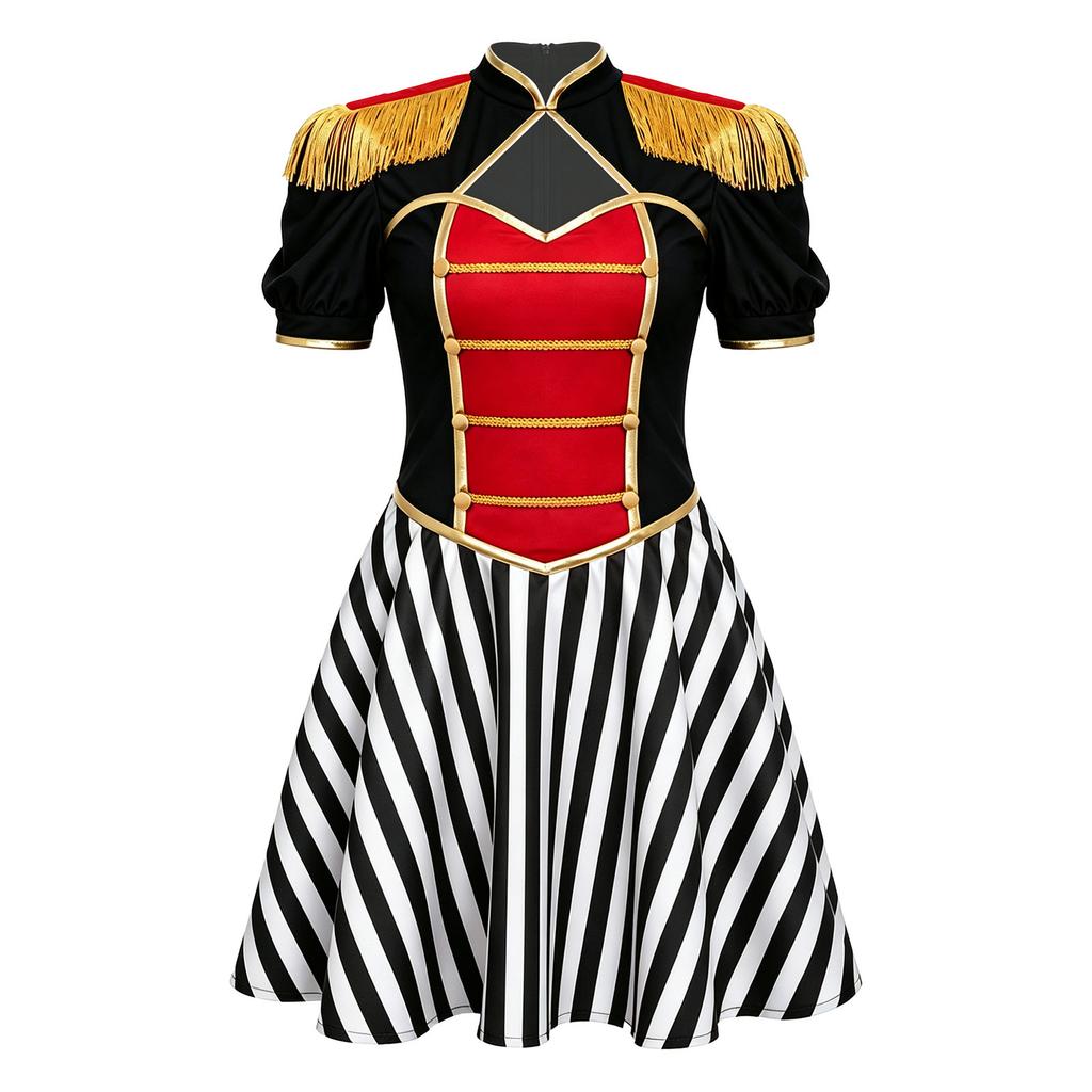 Womens Circus Costume Stand Collar Short Sleeve Tassel Epaulet Metallic Trim Striped Dress