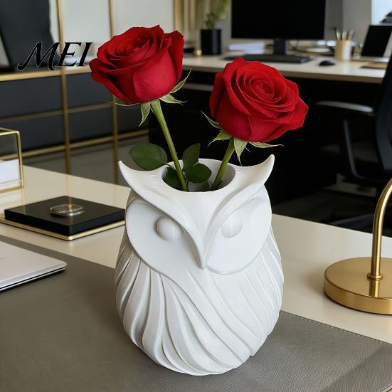 Three-dimensional Owl Decor 3D Printed Pen Holder, 2 in 1 Flower Vase Decorative Holder Desk Organizer, Cute Plastic Makeup Brush Home Office