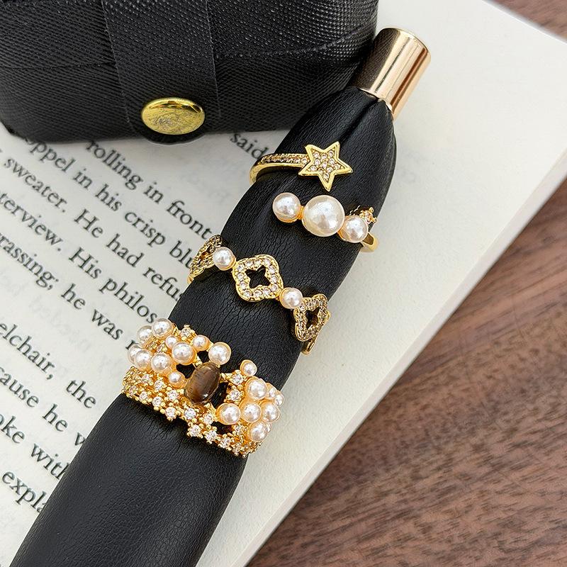 Light Luxury Sweet Gold Bead Star Clover Diamond Zircon Crown Imitation Tiger'S Eye Open Ring Stacked Women