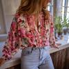 Spring Autumn Ruffled Casual Loose Floral Printed Women Shirt Elegant O-Neck Fashion Office Blouse Long Sleeve Retro Street Top Simple Sweet Clothing