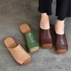 Retro Genuine Leather Slippers Round Toe Mixed Colors Soft Sole Women Outdoor Slides