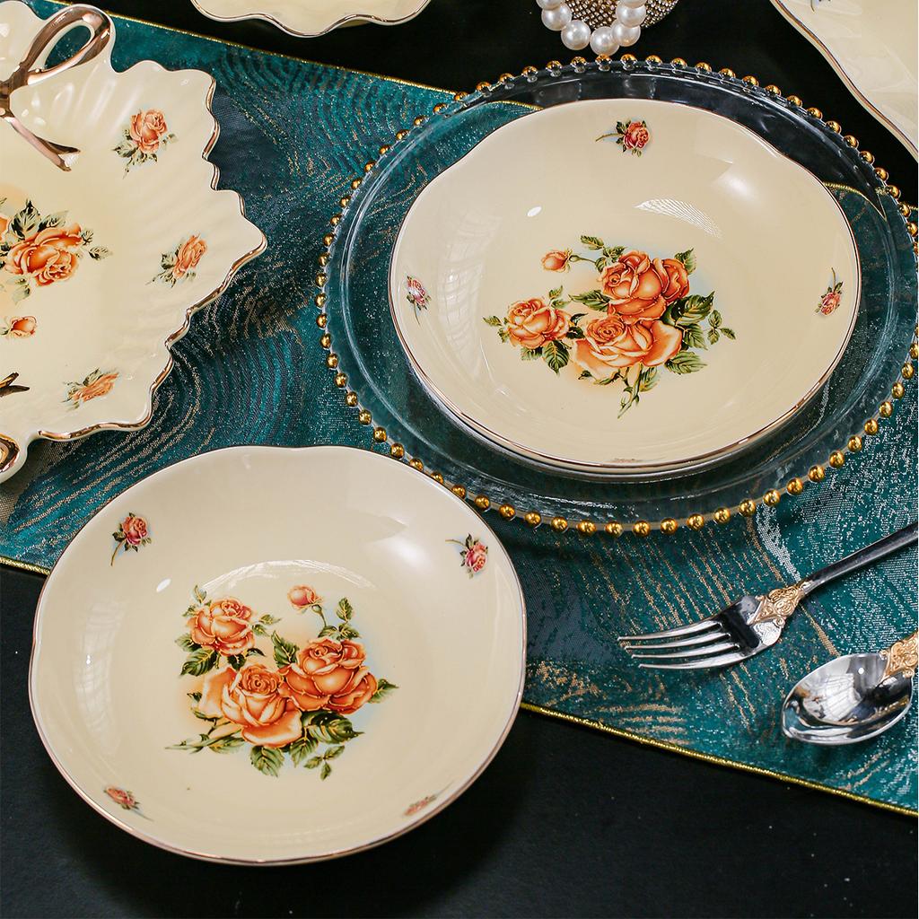 2 шт. Элегантная керамическая сервировочная тарелка в европейском стиле - Золотая отделка и узор из роз, Универсальная для стейка, пасты, супа, салата, фруктов