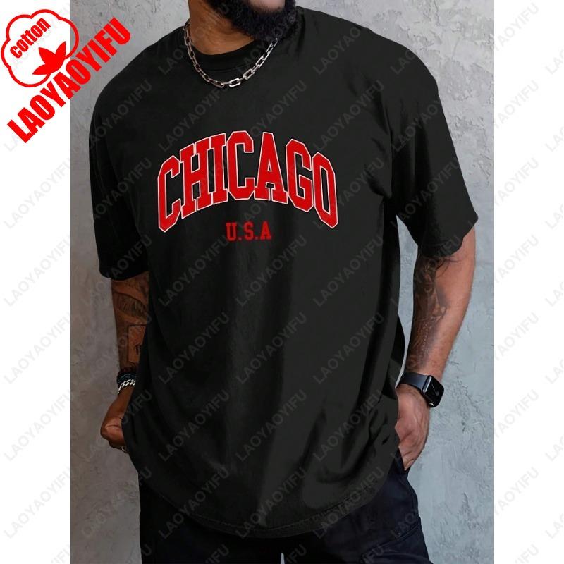Mens Cotton Chicago Bold Letter Graphic TShirt Summer 2025 Streetwear Casual Loose Fit Unisex Round Neck Printed Tshirt Tops