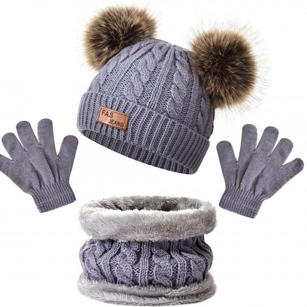 Детские вязаные теплые шапки с 1 парой перчаток и шарфовТеплая зима