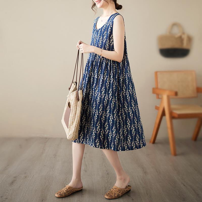 Летнее хлопковое льняное платье с круглым вырезом, свободное, утягивающее, средней длины, без рукавов, для женщин, платья