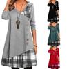 Womens Long Sleeve Casual Loose Dress Patchwork Decorated Button Plaid Print Dress