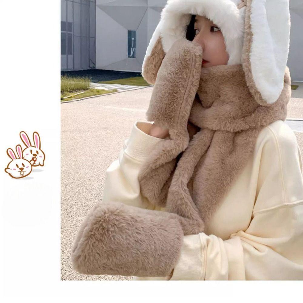 Thicken Plush Scarf Hat Gloves Set Keep Warm Plush Scarf Cute Hooded Scarf Women Girls