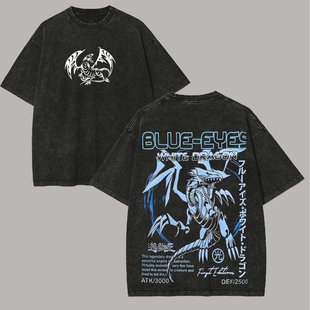 Anime Yu Gi Oh BlueEyes White Dragon Unisexga T Shirt For Unisex Clothing Vintage Washed Oversized Casual Cotton Streetwear Tshirt