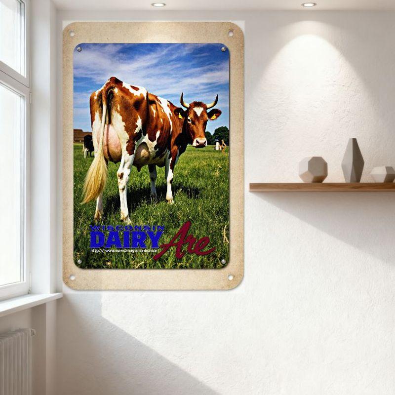 Wisconsin Dairy Cow Metal Sign Vintage Rustic Farmhouse Decor, Brown White Cow in Green Field with Blue Sky Wooden Barn, Tin Pos