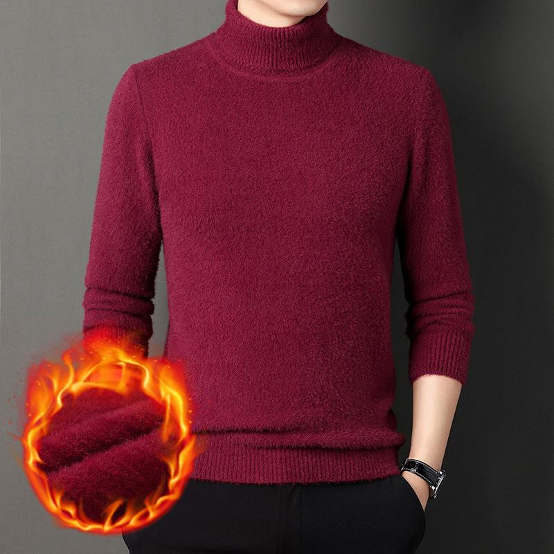 Men's Winter Solid Color Warm Turtleneck Thick Sweater Imitation Mink Velvet Knitted Base Layer Plus Velvet Sweater