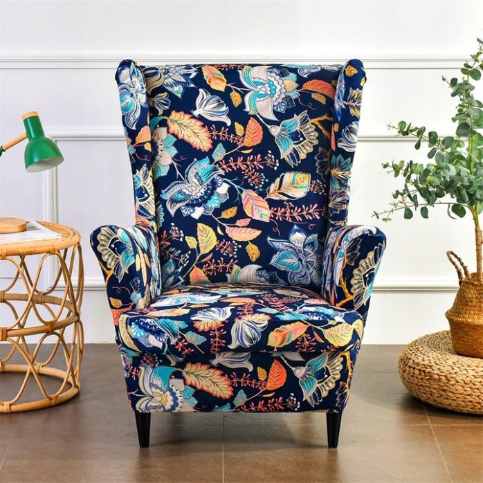Cover for the Winged Armchair, Colorful Flowers, Leaves, Patterns, Elastic [22Ew14]