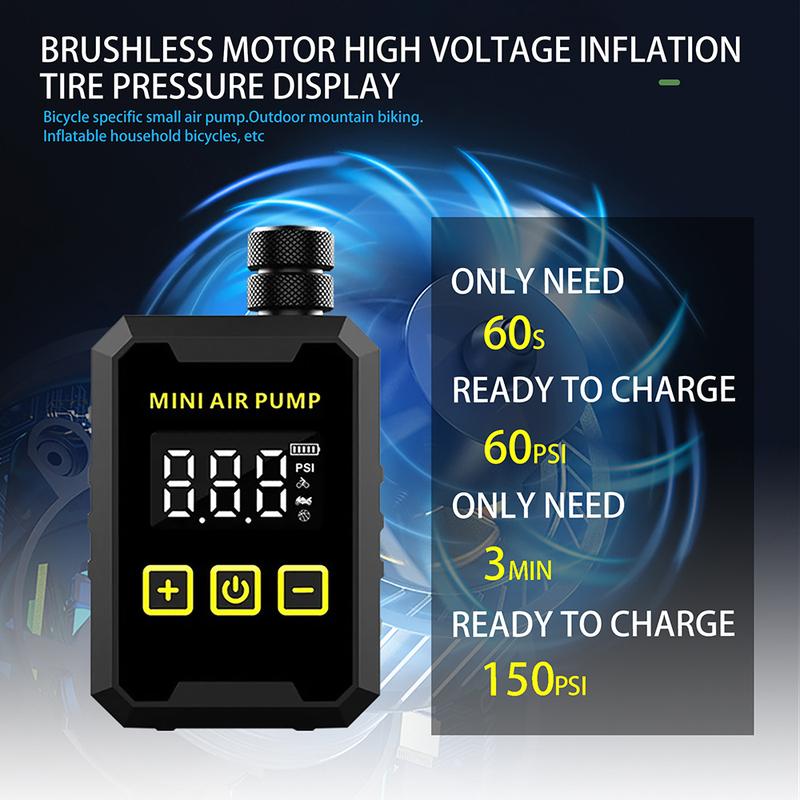 150Pis Mini Portable Bike Electric Air Pump 500mAH Type-C Compressor Tire Inflator MTB Road Bicycle Pump with LED Display