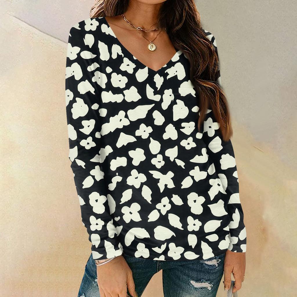 Женская мода повседневная блузка с длинным рукавом и цветочным принтом, V-образным вырезом и карманами