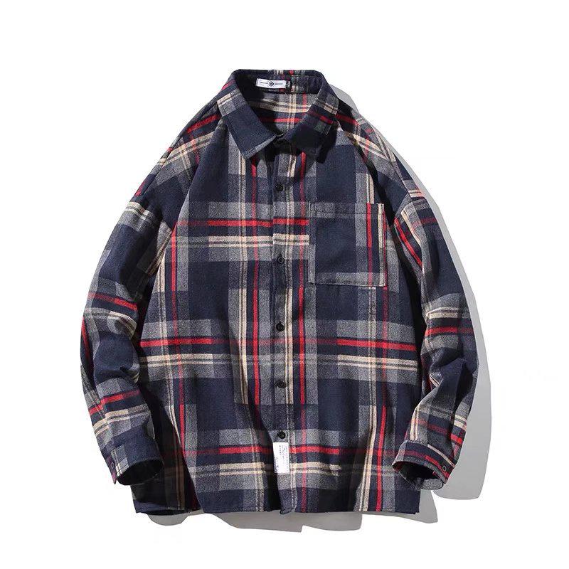 Корейская студенческая трендовая клетчатая рубашка свободного кроя: Унисекс куртка с длинным рукавом в гонконгском стиле